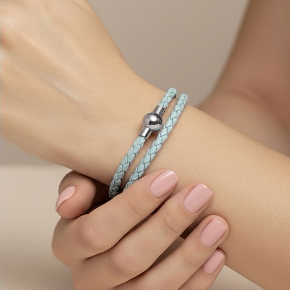 Linx Double Turquoise Leather Braided Cord Charm Bracelet with Magnetic Clasp